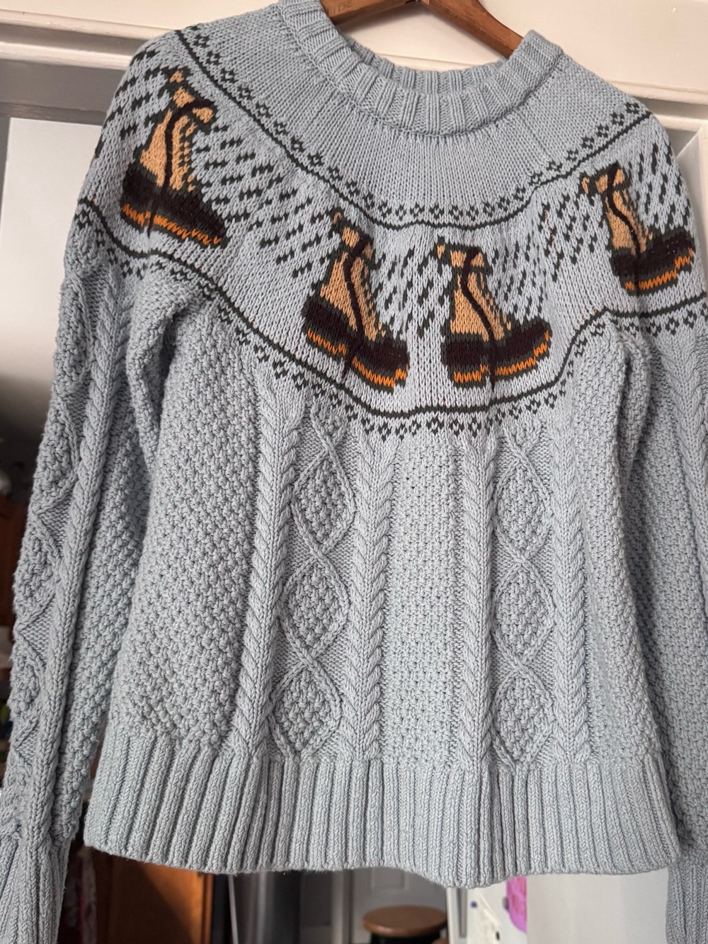 LL Bean Fisherman’s Knit Sweater with Bean Boot Design light blue size small